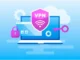 A laptop displays a VPN connection secured by a shield icon with a WiFi symbol, accompanied by a padlock and a key, illustrating online security.