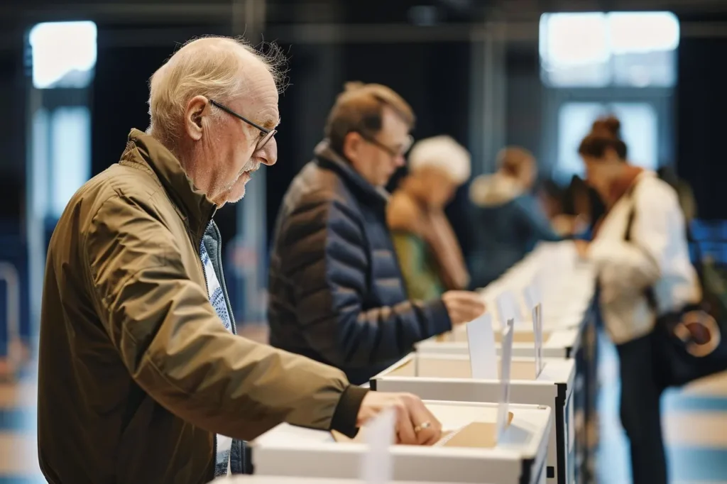 An elderly man casts his ballot in a voting booth, with other voters visible in the background, representing the diverse participation in the U.S. House election in Alaska.