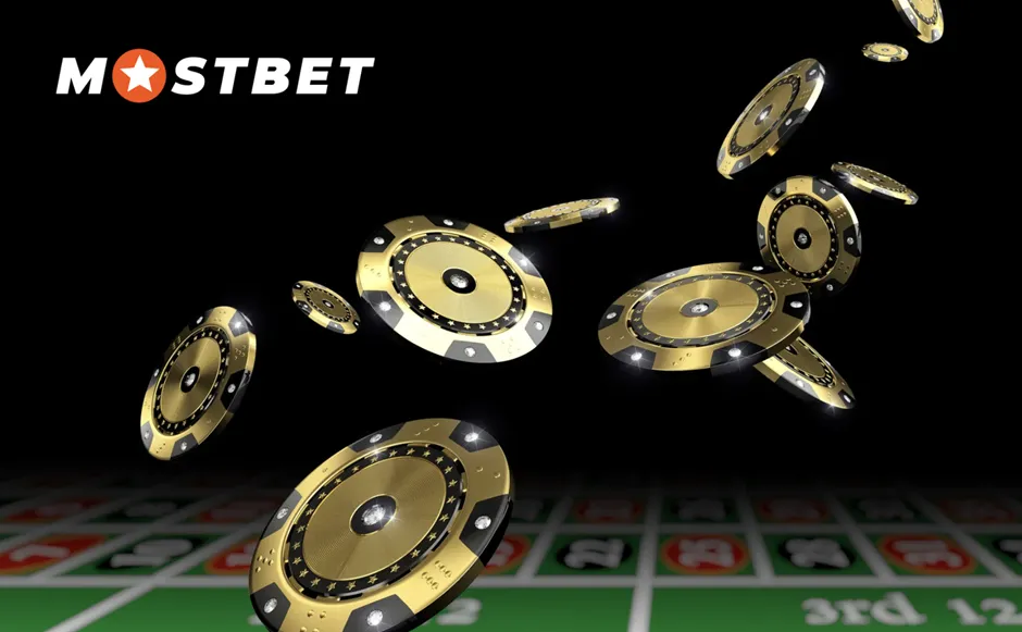 Animated image of gold and black casino chips falling onto a blurred roulette table with the "MOSTBET" logo in the upper left, conceptually representing the element of chance in sports betting.