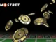 Digitally rendered image of gold and black casino chips in mid-air above a blurred roulette table, with the "MOSTBET" logo visible, representing the element of risk and potential winnings in sports betting.