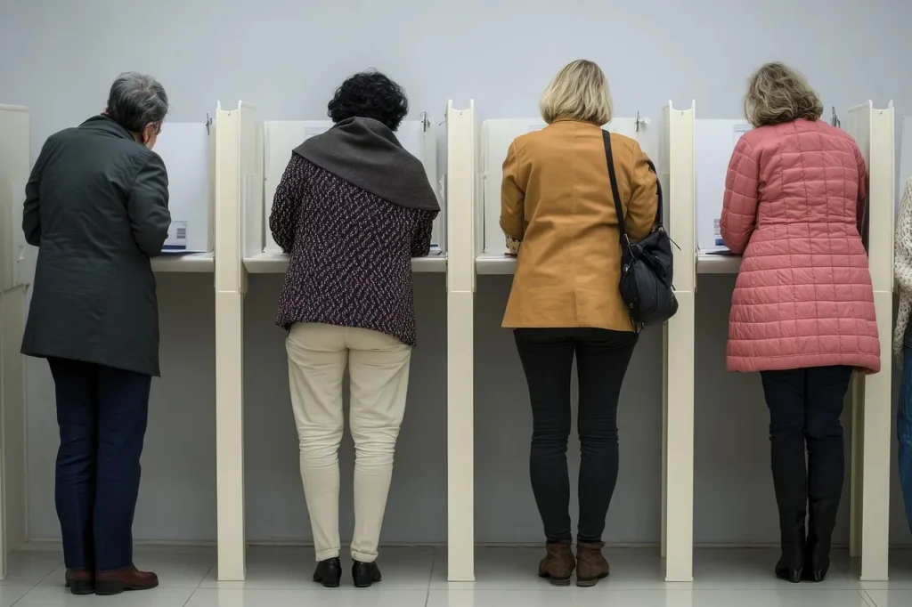 A group of people are seen from behind, standing in white voting booths and casting their ballots, symbolizing democratic participation in the U.S. House election.