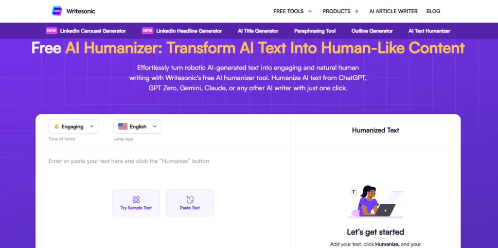 A screenshot of the Writesonic "Free AI Humanizer" webpage featuring the headline "Transform AI Text Into Human-Like Content" and input fields for text and humanization settings.