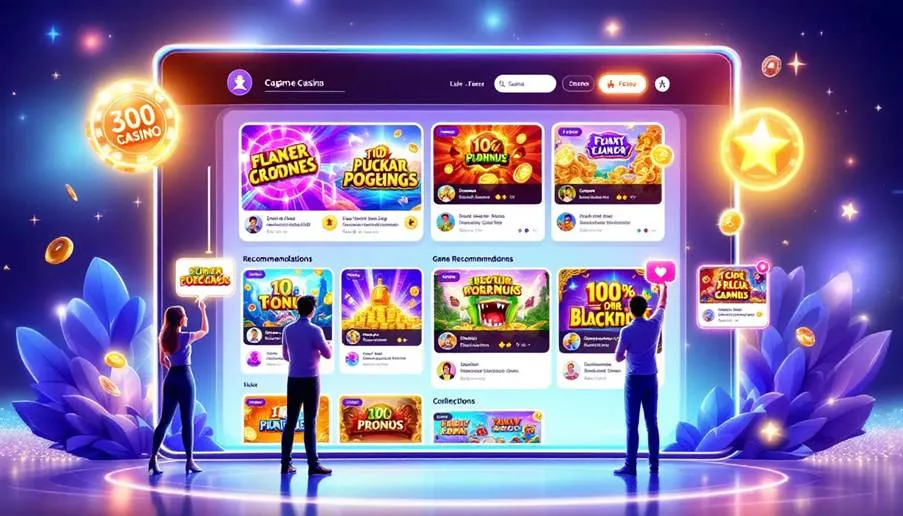 A futuristic digital display showing an AI-powered social casino game feed with various game recommendations and interactive elements, surrounded by glowing digital flora and users engaging with the interface.