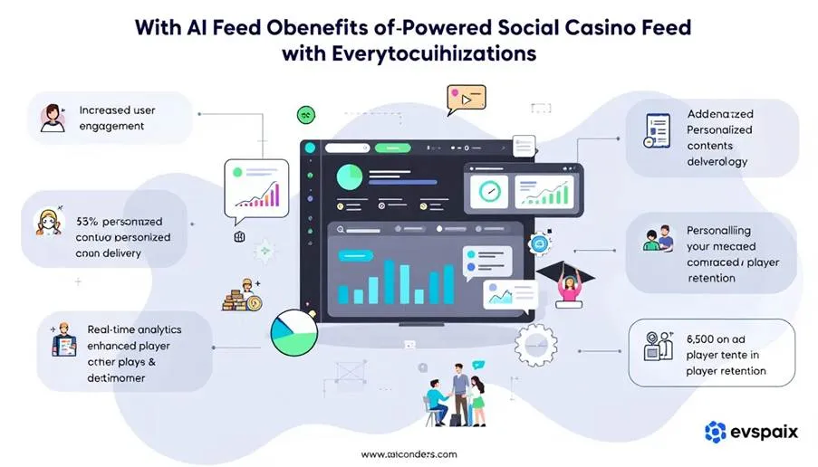 An infographic titled "With AI Feed Benefits of Powered Social Casino Feed," illustrating various advantages such as increased user engagement, personalized content delivery, real-time analytics, and enhanced player retention, with a central graphic of a data dashboard and small icons representing each benefit.