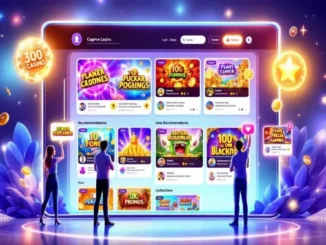 A stylized and futuristic digital user interface for a social casino game feed, featuring a large central screen with game recommendations, surrounded by glowing digital foliage and small avatars of people interacting with the screen.