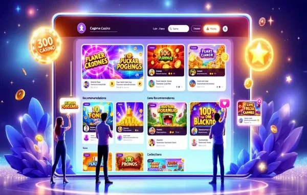 AI-Social-Casino-Game-Discovery-Feed A stylized and futuristic digital user interface for a social casino game feed, featuring a large central screen with game recommendations, surrounded by glowing digital foliage and small avatars of people interacting with the screen.