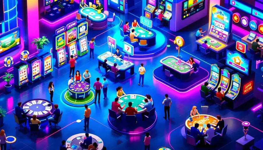 An isometric, top-down view of a vibrant, futuristic social casino lobby, illuminated with neon pink and blue lights, showing various virtual gaming tables and slot machines with stylized avatars of people interacting in a lively online environment.