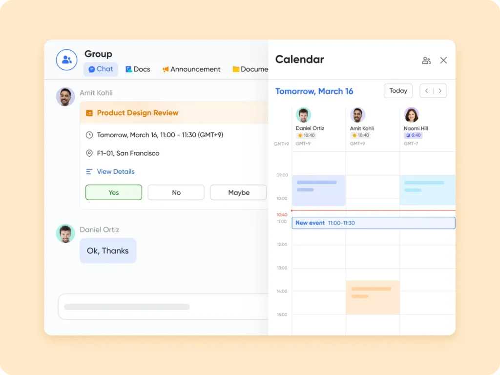 Lark Calendar interface showing a "Product Design Review" meeting invitation, team availability across time zones, and a confirmation chat message.
