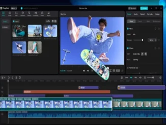 The CapCut desktop video editor interface is shown with a video of a person skateboarding in mid-air on the main monitor and a timeline with various video clips and effects below.