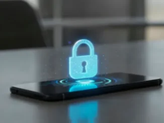 A digital padlock icon glowing above a smartphone screen.