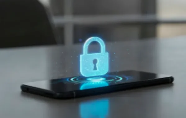 A digital padlock icon glowing above a smartphone screen.