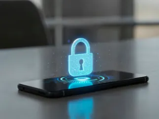 A glowing blue padlock icon symbolizing digital security, hovering above a smartphone.