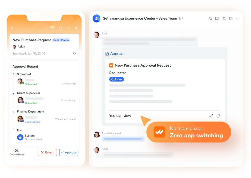Screenshot of Lark Approval workflow showing a "New Purchase Request" under review on mobile and desktop, with automated routing.