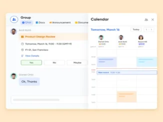 A screenshot of Lark Calendar and chat showing a meeting invitation, team availability, and a chat message.