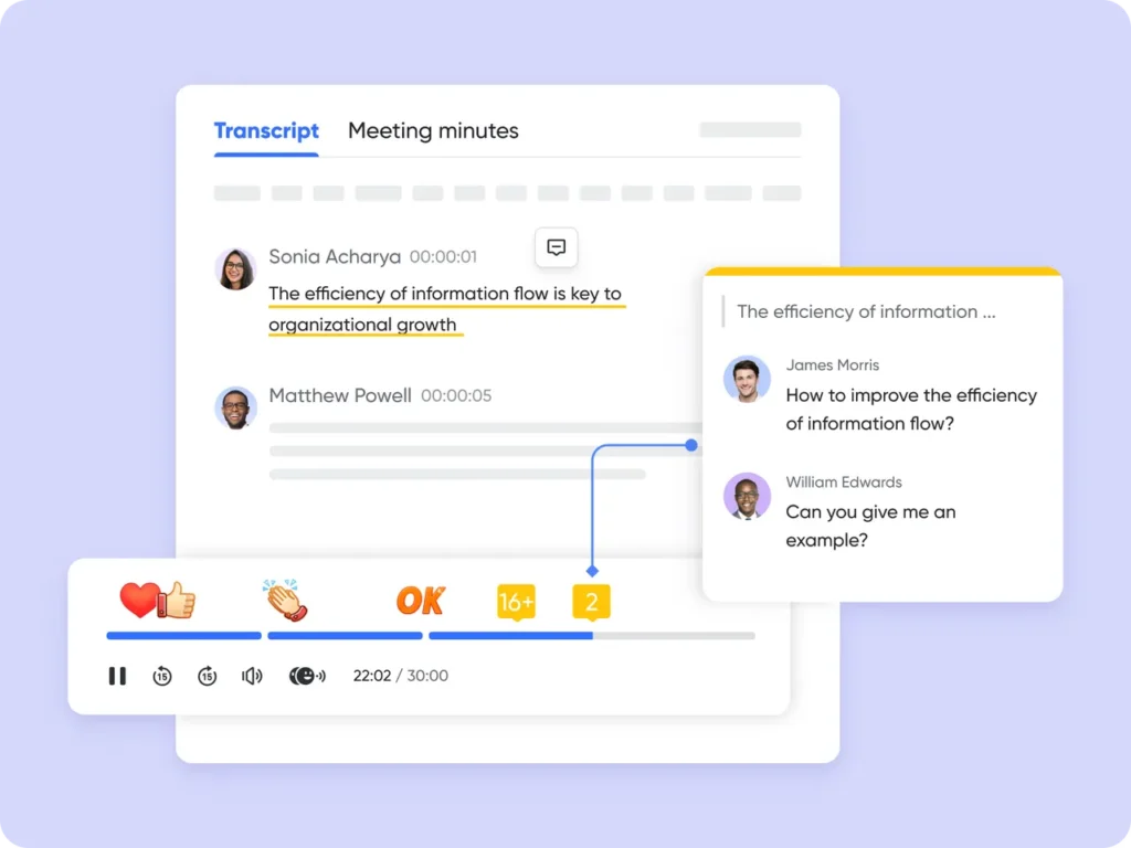 Screenshot of Lark's interactive meeting transcript showing comments, reactions, and a highlighted quote about information flow.