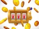Golden and black casino chips float dynamically above a green roulette table, representing online slot game winnings and promotions.