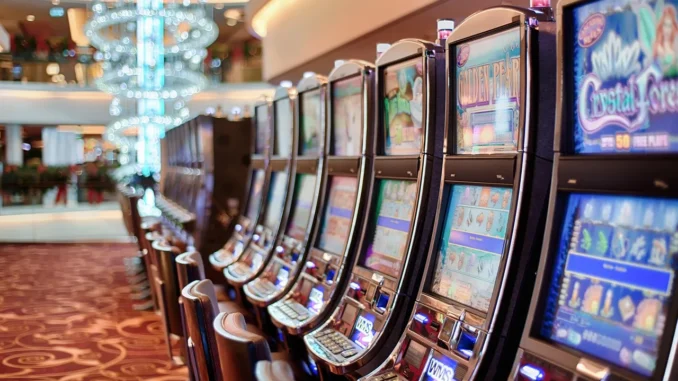 The Lure of the Reels: Navigating the Casino Slot Floor A long row of brightly lit slot machines with various game displays in a modern casino, illustrating the diverse options for players seeking to win at slots.