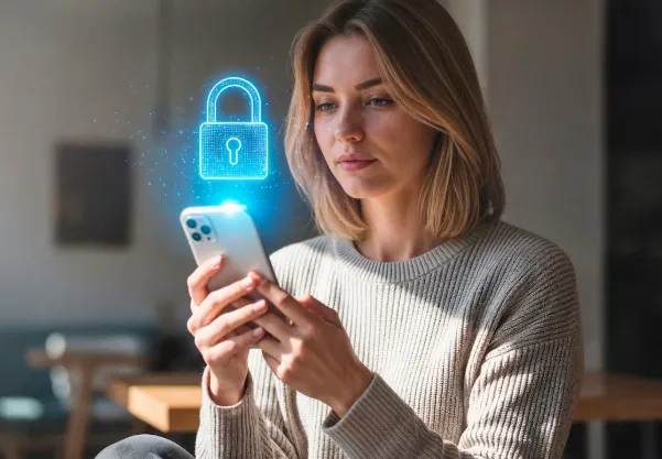 A woman holding a smartphone with a glowing blue digital padlock icon overlayed, representing mobile security.