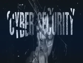 A dark, abstract digital banner with the white text "CYBER SECURITY" overlaid on what appears to be shattered glass or a broken screen, symbolizing digital vulnerability and protection.