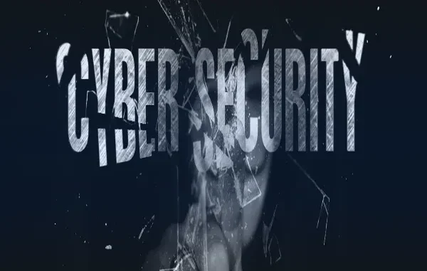 Digital Integrity: The Future of Verification A dark, abstract digital banner with the white text "CYBER SECURITY" overlaid on what appears to be shattered glass or a broken screen, symbolizing digital vulnerability and protection.