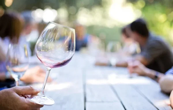 Toasting to Sophistication: The Art of Effortless Hospitality A close-up of a hand holding a stemmed wineglass with a small amount of red wine, tilted slightly, set over a rustic wooden table with people blurred in the background, suggesting an elegant outdoor social gathering.