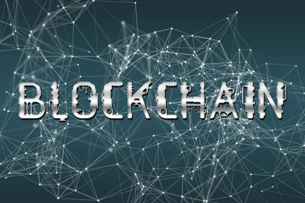 The word "BLOCKCHAIN" rendered in a metallic, textured font, overlaid on an abstract digital network of interconnected white lines and dots against a dark blue-green background, symbolizing distributed ledger technology.