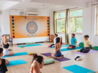Students are seen practicing a seated yoga pose, the Gomukhasana (Cow Face Pose) in a bright, modern yoga studio with large windows and an orange banner displaying circular chakra graphics on the back wall.