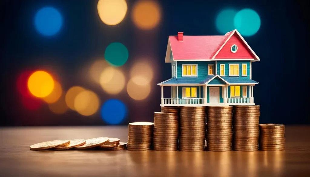A miniature house model sits atop stacks of gold coins, with additional coins spread in front, against a blurred background of colorful lights, symbolizing home ownership and financial investment.