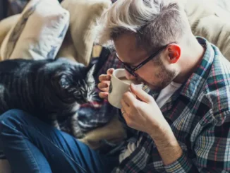 A close-up of a man with light, styled hair and black, square-framed glasses, sitting on a couch and gently taking a sip from a mug while a striped cat looks on.