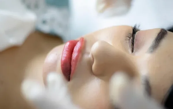 The Aesthetics of Wellness: Beauty and Personal Care A close-up, high-angle shot of a woman lying with her eyes closed, receiving a cosmetic or aesthetic treatment, with gloved hands visible in the foreground.