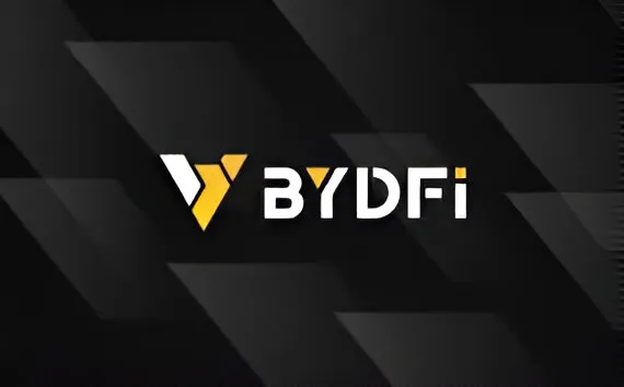 The minimalist BYDFi logo featuring a stylized yellow upward arrow next to the white text "BYDFi" against a dark gray and black abstract background, representing the cryptocurrency exchange platform.