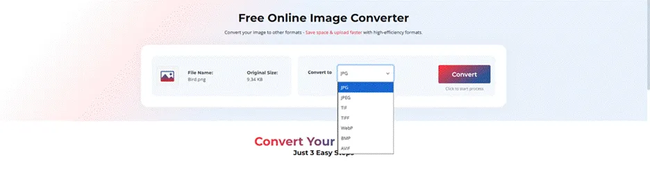 After uploading, choose JPG (JPEG) in online image converter