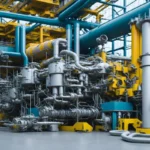 A detailed, complex industrial scene featuring an immense network of silver pipes, yellow support structures, and blue tubing in a vast factory or refinery, symbolizing the advanced technology and engineering behind metal production.