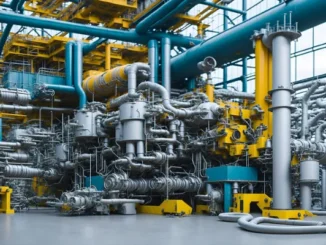A detailed, complex industrial scene featuring an immense network of silver pipes, yellow support structures, and blue tubing in a vast factory or refinery, symbolizing the advanced technology and engineering behind metal production.