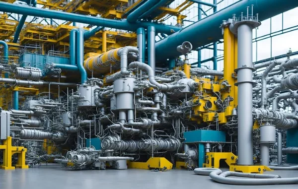 A detailed, complex industrial scene featuring an immense network of silver pipes, yellow support structures, and blue tubing in a vast factory or refinery, symbolizing the advanced technology and engineering behind metal production.