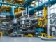 A detailed, complex industrial scene featuring an immense network of silver pipes, yellow support structures, and blue tubing in a vast factory or refinery, symbolizing the advanced technology and engineering behind metal production.