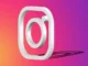 A bold, three-dimensional white outline of the Instagram logo (a camera) casting a shadow against a vibrant purple, orange, and pink gradient background, symbolizing social media monetization and content creation.