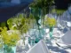 A close-up of an elegant, intimate dining table setting featuring clear glassware, white folded napkins, silverware, and centerpieces of fresh green herbs and chartreuse flowers in small turquoise and clear glass vases.