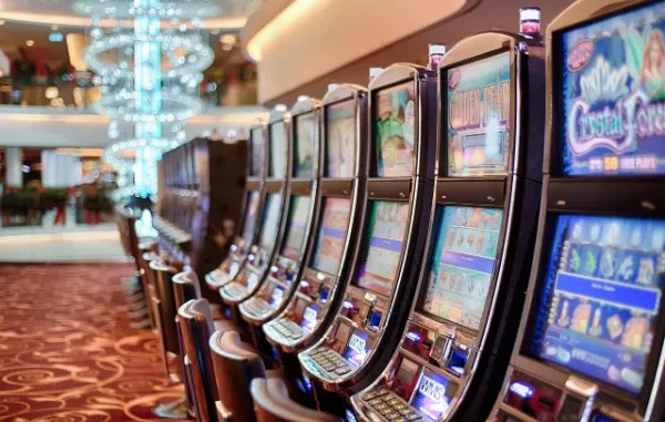 A row of brightly lit casino slot machines with glowing screens displaying colorful game graphics and bonus symbols, set against a blurred luxury casino interior with a large chandelier.