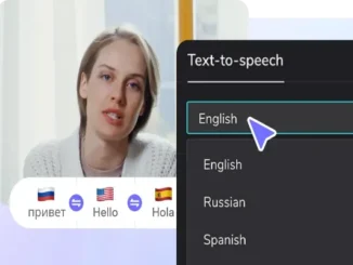 A split-screen interface showing an AI-generated woman speaking on the left and a "Text-to-speech" language selection menu on the right with English, Russian, and Spanish options.