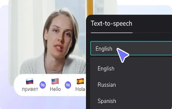 A split-screen interface showing an AI-generated woman speaking on the left and a "Text-to-speech" language selection menu on the right with English, Russian, and Spanish options.