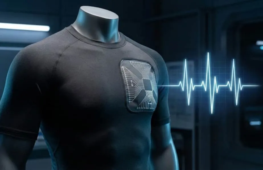 A close-up of a black compression smart shirt on a mannequin, featuring an integrated electronic biometric sensor on the chest that displays a digital heart rate (ECG) waveform.