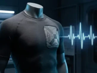 A close-up of a black smart compression shirt on a mannequin, featuring an integrated electronic biometric sensor on the chest area with a glowing blue ECG heart rate waveform overlay.