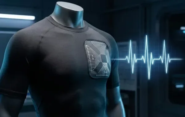 A close-up of a black smart compression shirt on a mannequin, featuring an integrated electronic biometric sensor on the chest area with a glowing blue ECG heart rate waveform overlay.