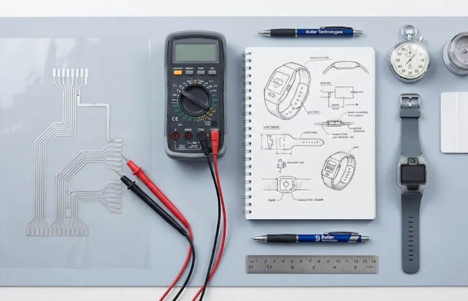 A top-down workspace view of biometric sensor development featuring a flexible printed circuit, a digital multimeter with probes, a notebook with technical sketches of a smartwatch, and a finished wearable prototype.