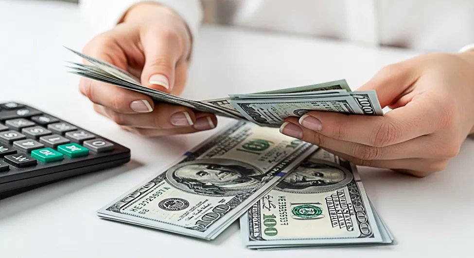 A close-up of a person's hands counting one hundred dollar bills over a stack of cash next to a calculator for the distribution of a class action settlement