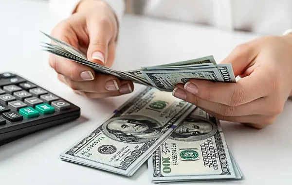 Close-up of a person's hands counting a stack of one hundred dollar bills on a white desk next to a black calculator.