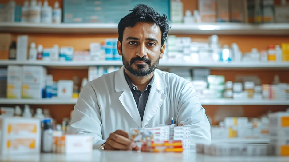 A male pharmacist in a white lab coat sitting behind a counter in an Indian pharmacy, with shelves of various medicine boxes blurred in the background, representing the availability and professional oversight of generic drugs.