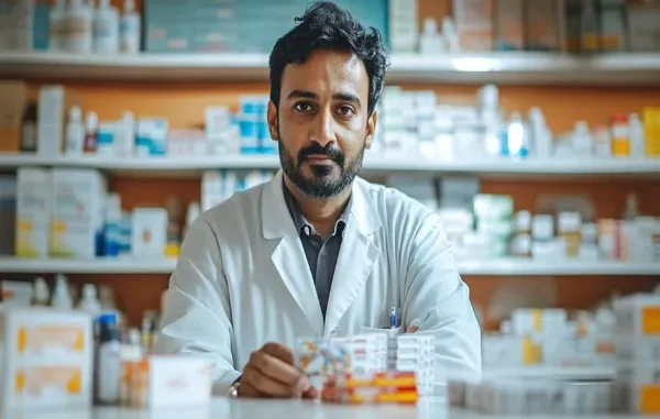 A male pharmacist in a white lab coat sitting in a pharmacy with shelves of medicine boxes in the background, representing the pharmaceutical industry in India.