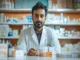 A male pharmacist in a white lab coat sitting in a pharmacy with shelves of medicine boxes in the background, representing the pharmaceutical industry in India.